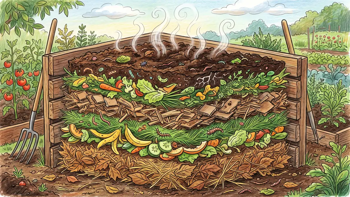 Pencil-crayon cutaway of a compost pile showing alternating brown and green layers with microbes and steam, illustrating the carbon nitrogen ratio