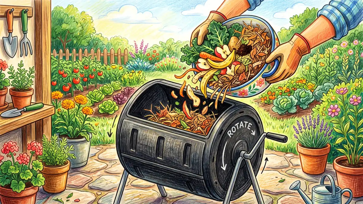 Pencil-crayon scene of hands tipping vegetable scraps and shredded dry leaves into a rotating compost tumbler on a patio