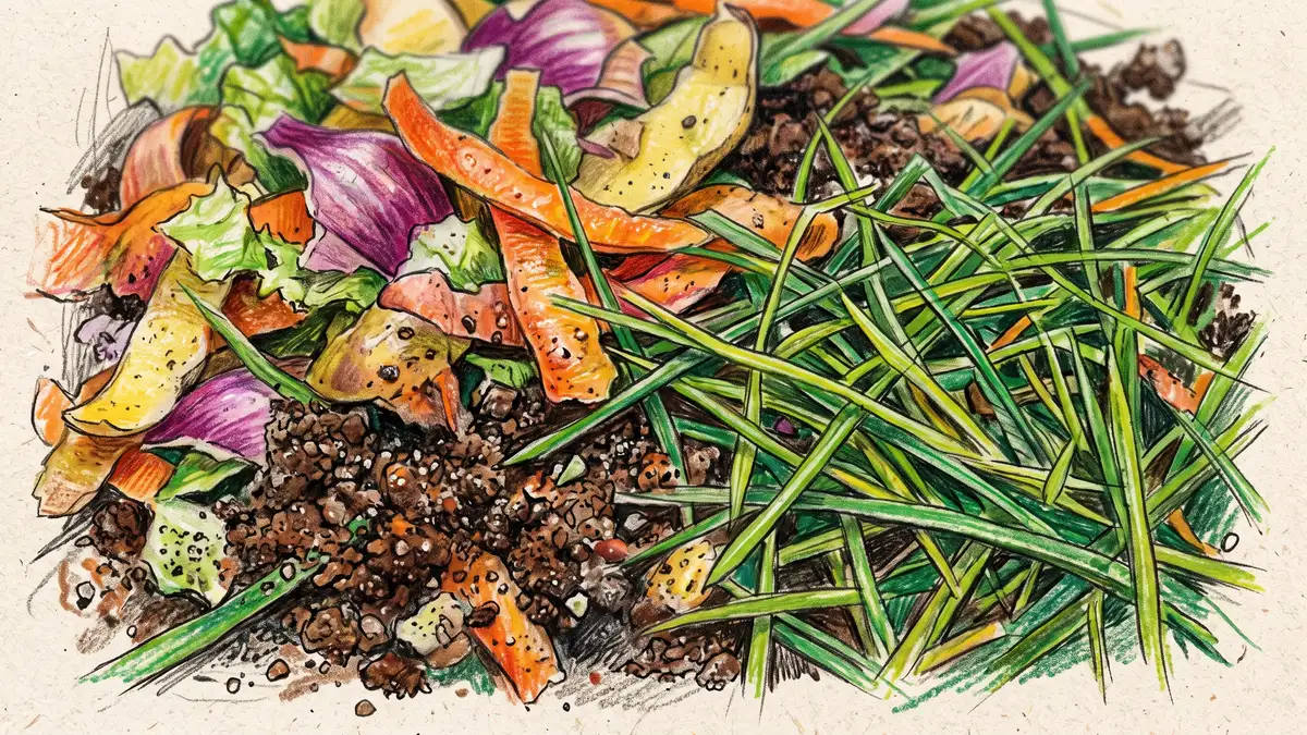 Pencil-crayon close-up of nitrogen-rich green compost materials: fresh coffee grounds, vegetable peelings, and grass clippings