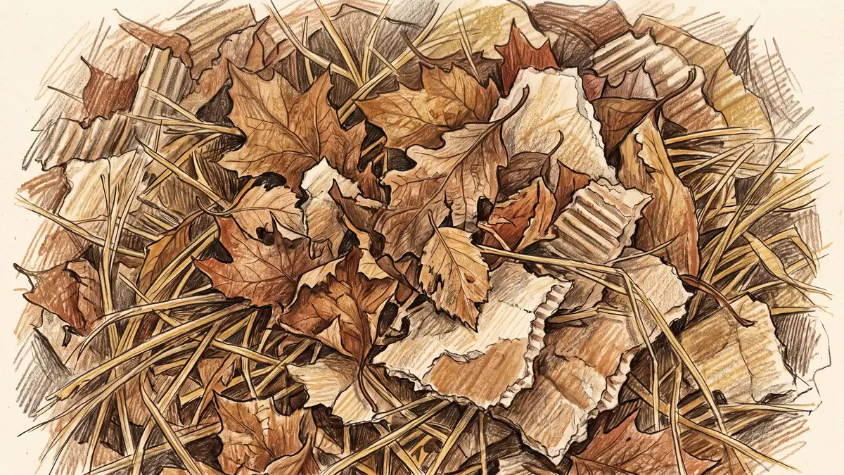 Pencil-crayon close-up of carbon-rich brown compost materials: dry autumn leaves, straw, and shredded cardboard
