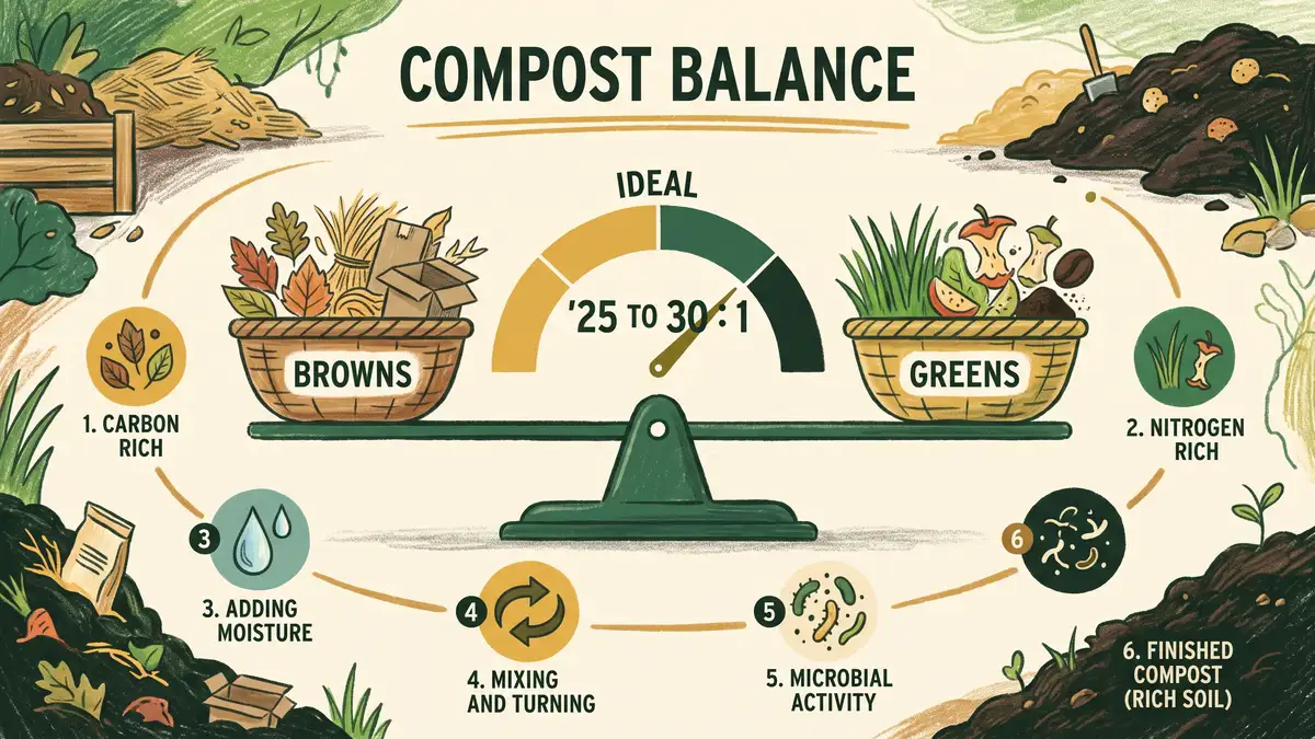Pencil-crayon infographic of a compost balance showing the target 25 to 30 to 1 carbon nitrogen ratio with browns on one side and greens on the other