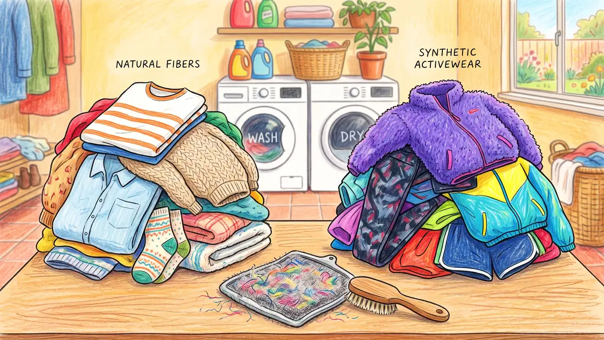 Pencil-crayon laundry scene comparing a pile of natural fiber clothing with a pile of synthetic activewear beside a fuzzy gray dryer lint screen