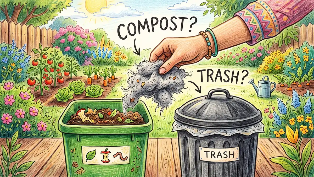 Pencil-crayon scene of a hand holding gray dryer lint above a green compost bin and a trash bin, illustrating the choice between composting and disposal