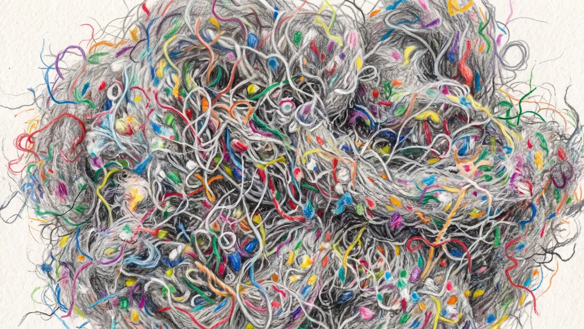 Pencil-crayon extreme close-up of soft gray dryer lint showing the tangled, felt-like mat of tiny broken clothing fibers