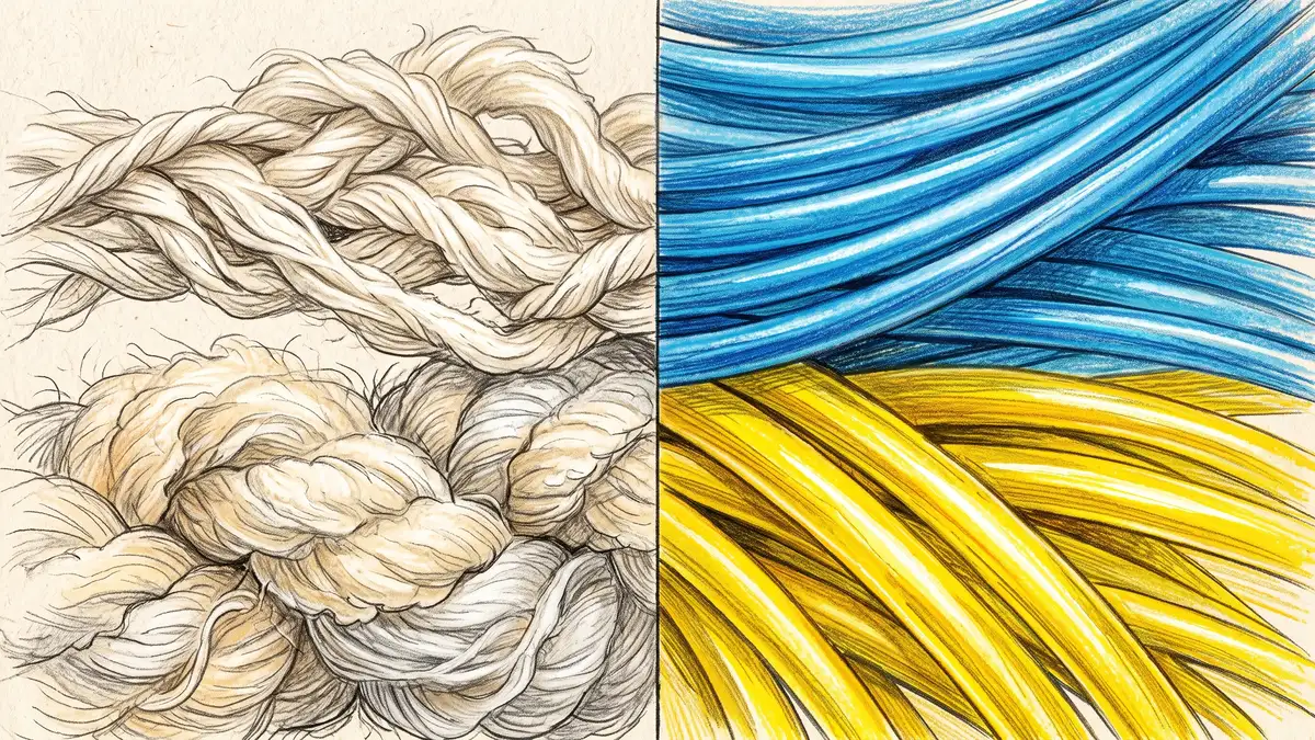 Pencil-crayon close-up comparing soft natural cotton and wool threads against glossy synthetic polyester and nylon threads