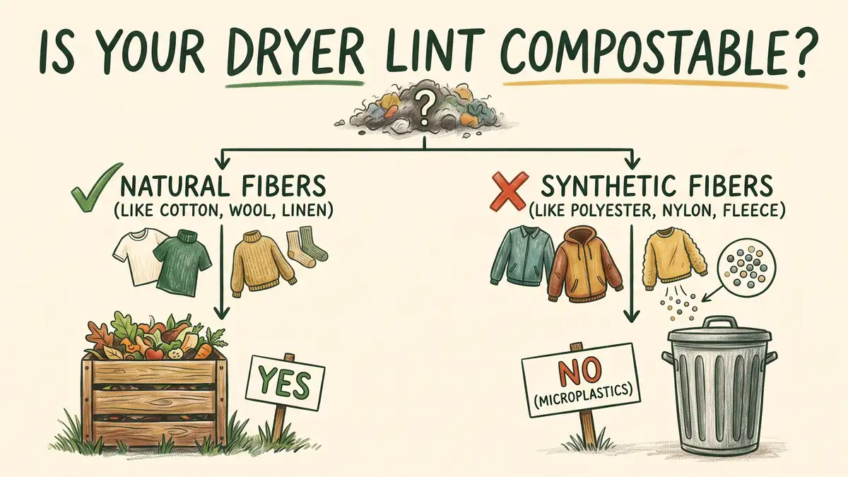 Pencil-crayon decision flowchart infographic showing natural fiber lint leading to compost and synthetic fiber lint leading to the trash bin