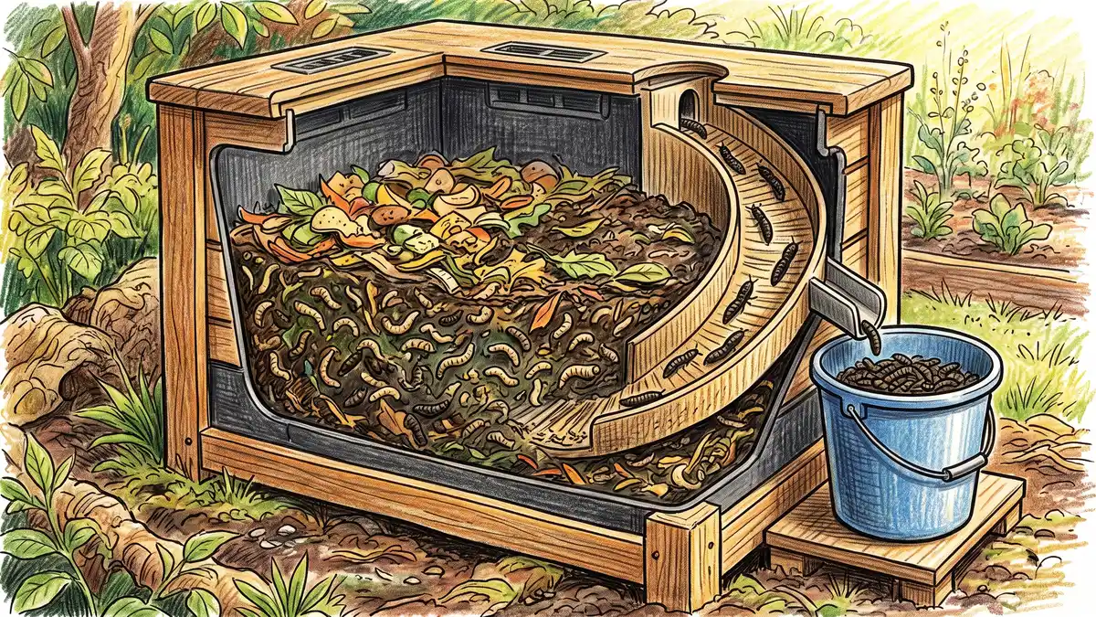 Pencil-crayon cutaway of a self-harvesting black soldier fly composting bin with larvae in food scraps and a ramp leading to a collection bucket