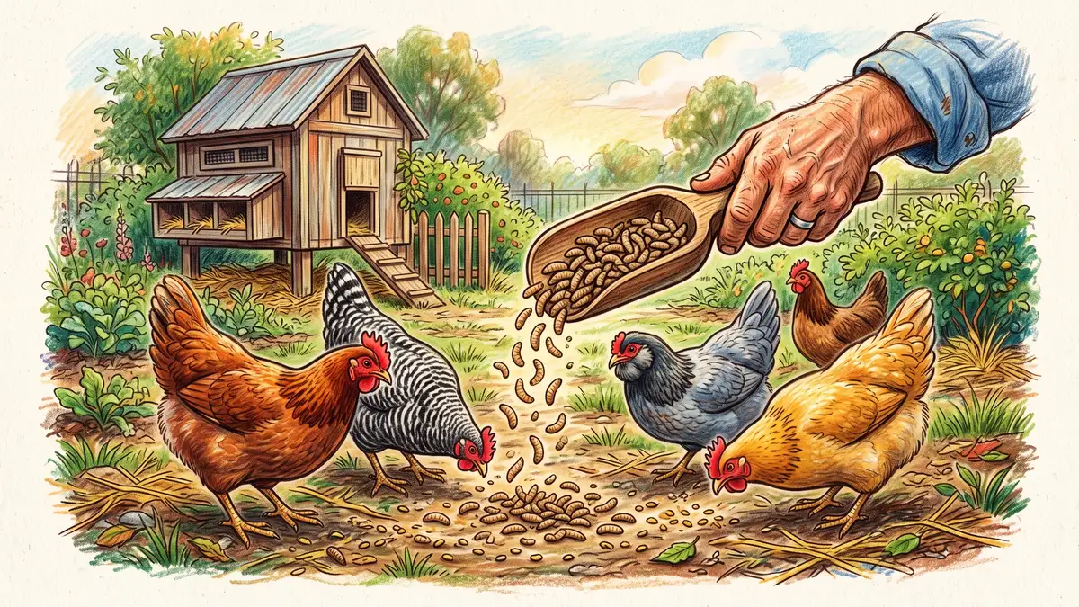 Pencil-crayon scene of a homesteader scattering a scoop of pale black soldier fly larvae to eager backyard chickens