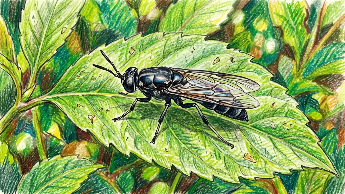 Pencil-crayon close-up of a single adult black soldier fly with a slender black body and translucent wings resting on a green leaf