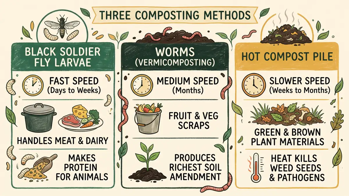 Pencil-crayon infographic comparing black soldier fly larvae, worms, and hot compost on speed and what each method can process