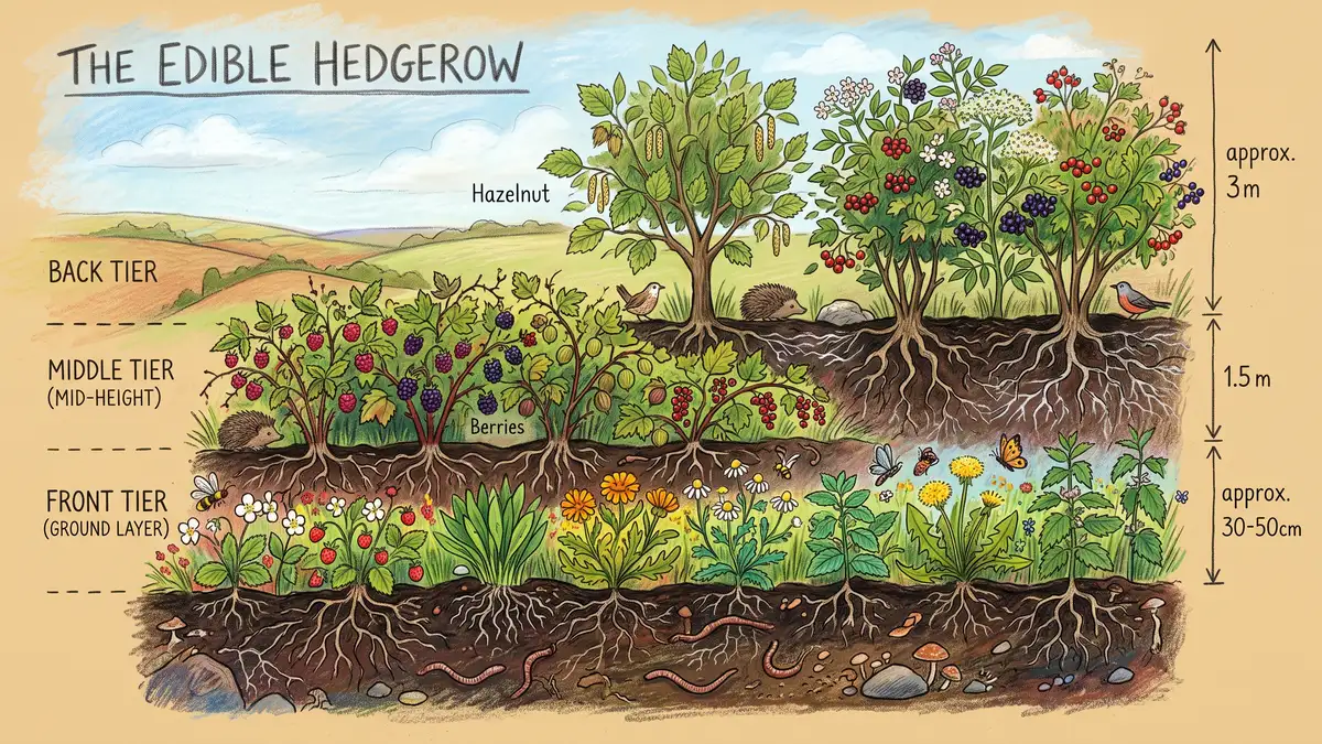 Pencil-crayon layered cross-section of an edible hedgerow with tall nut trees at the back, berry shrubs in the middle, and flowering ground plants in front