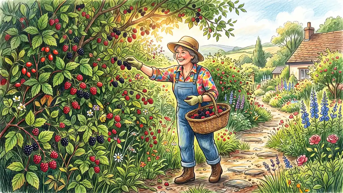 Pencil-crayon scene of a weekend gardener picking ripe berries from a dense mixed hedgerow into a basket with sunlight through the leaves