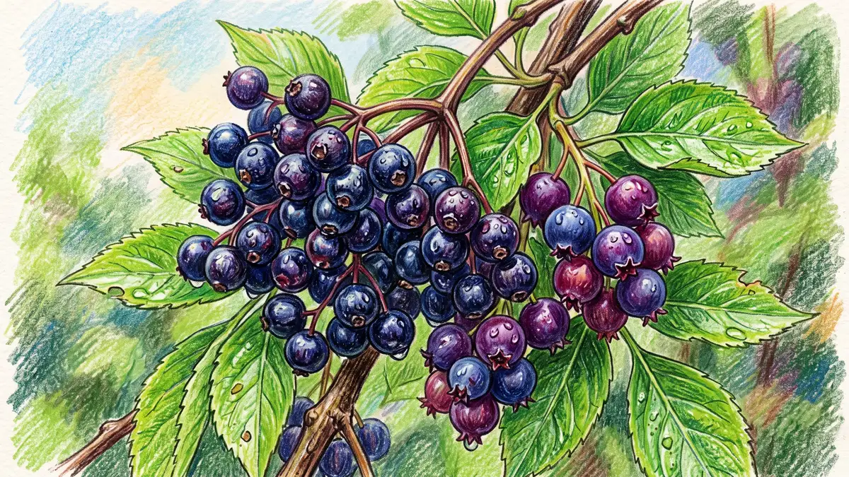 Pencil-crayon extreme close-up of dark ripe elderberries and serviceberries clustered on the branch with green leaves