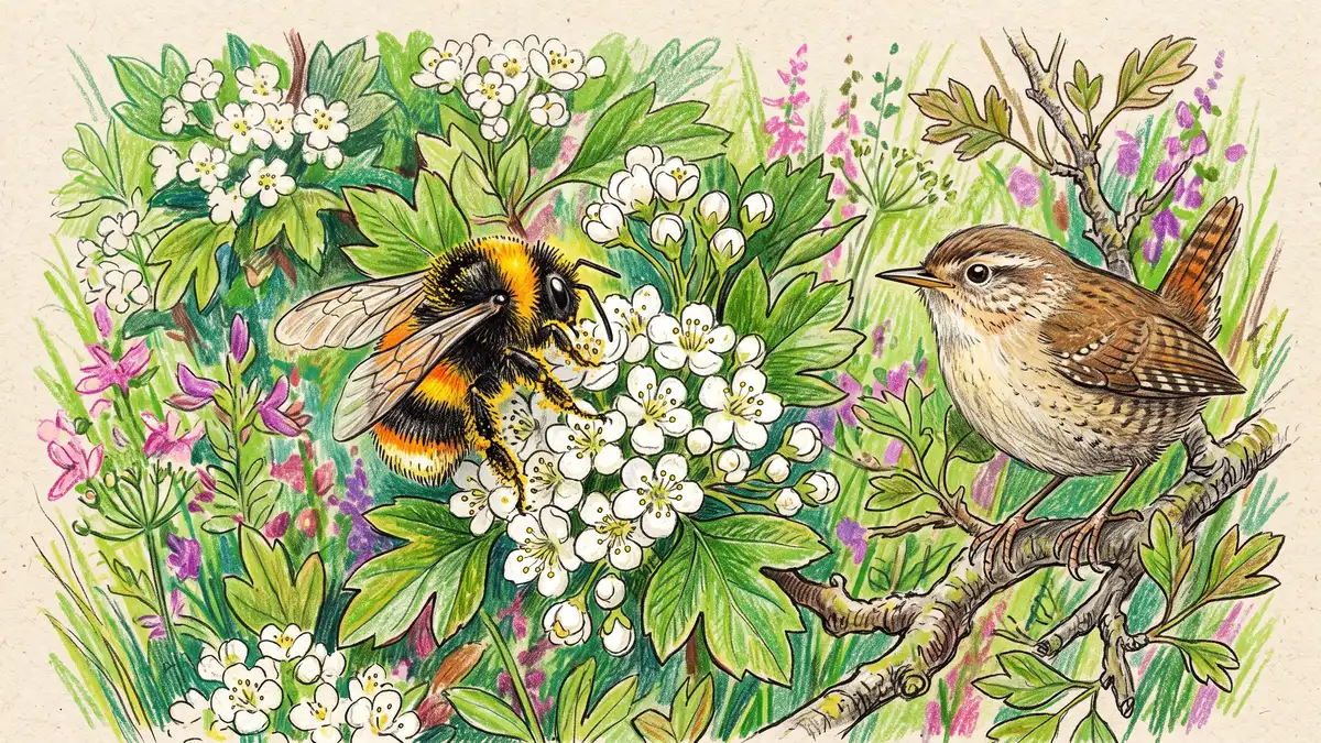 Pencil-crayon close-up of a bumblebee visiting white hedgerow flower clusters with a small songbird perched on a nearby branch