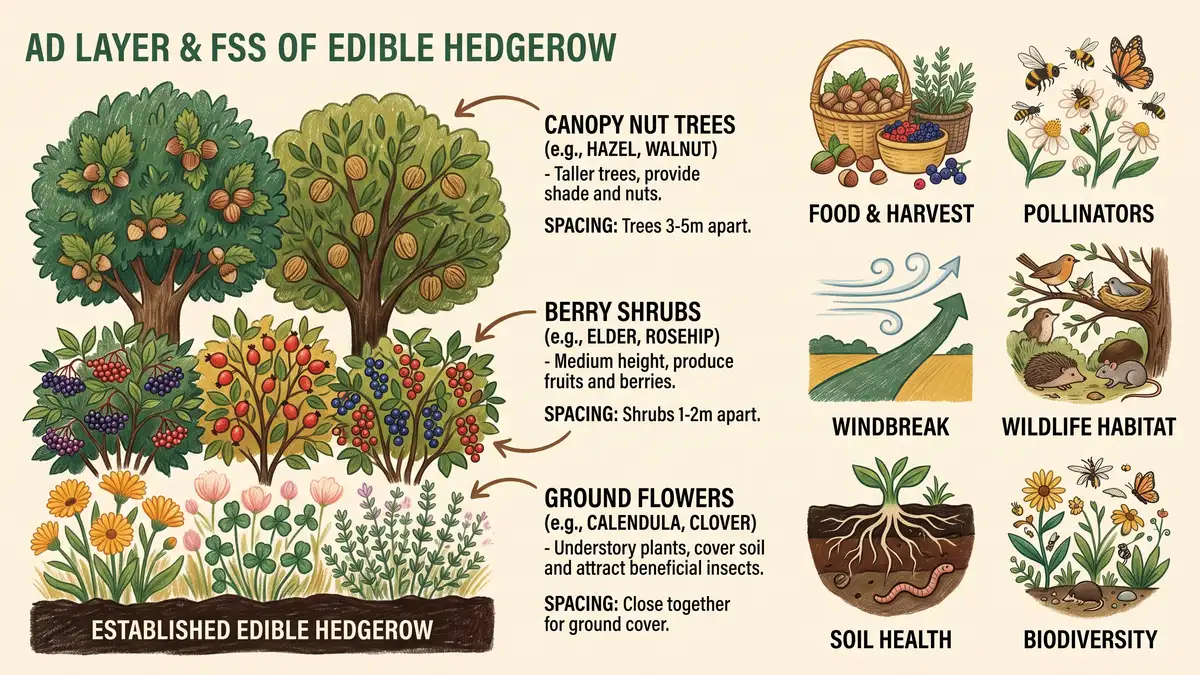 Pencil-crayon infographic of an edible hedgerow showing its layers of nut trees, berry shrubs, and ground flowers alongside its functions: food, pollinators, windbreak, and wildlife