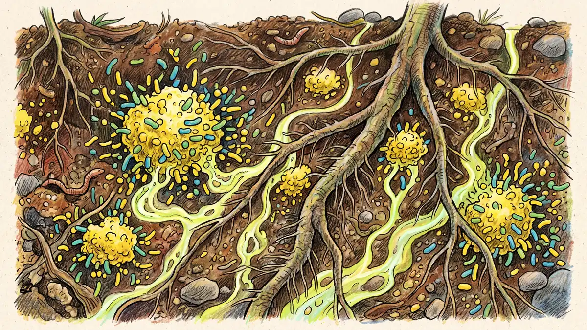 Pencil-crayon magnified view of soil bacteria breaking down yellow sulfur granules into acid near plant roots, showing how sulfur lowers soil pH