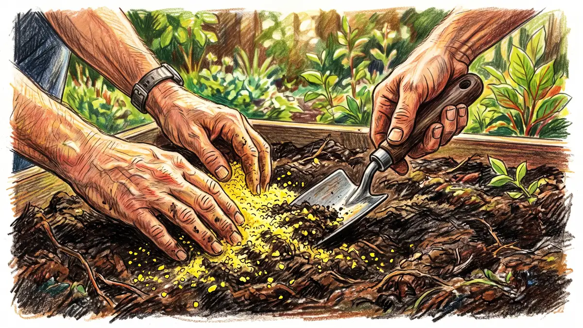 Pencil-crayon close-up of hands working fine yellow elemental sulfur granules into dark garden soil with a hand trowel