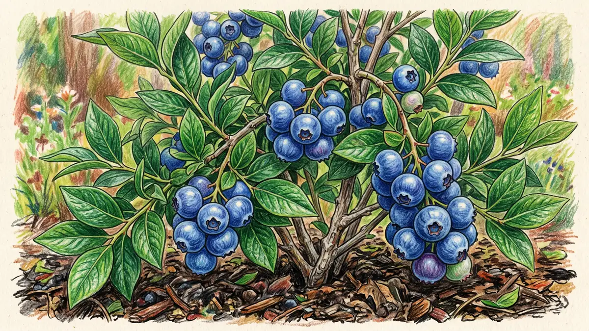 Pencil-crayon close-up of a healthy blueberry bush heavy with ripe berries thriving in acidic soil