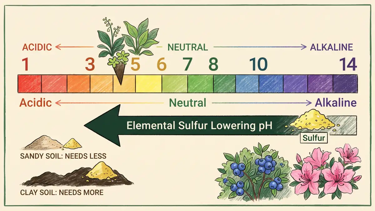Pencil-crayon infographic of a soil pH scale showing elemental sulfur lowering pH, application rates by soil texture, and acid-loving plants like blueberries and azaleas