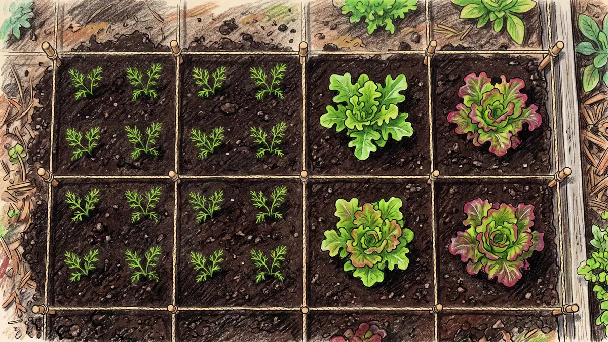 Pencil-crayon overhead view of a one-foot garden square planted with sixteen carrot seedlings beside a square of four lettuce plants showing square-foot spacing