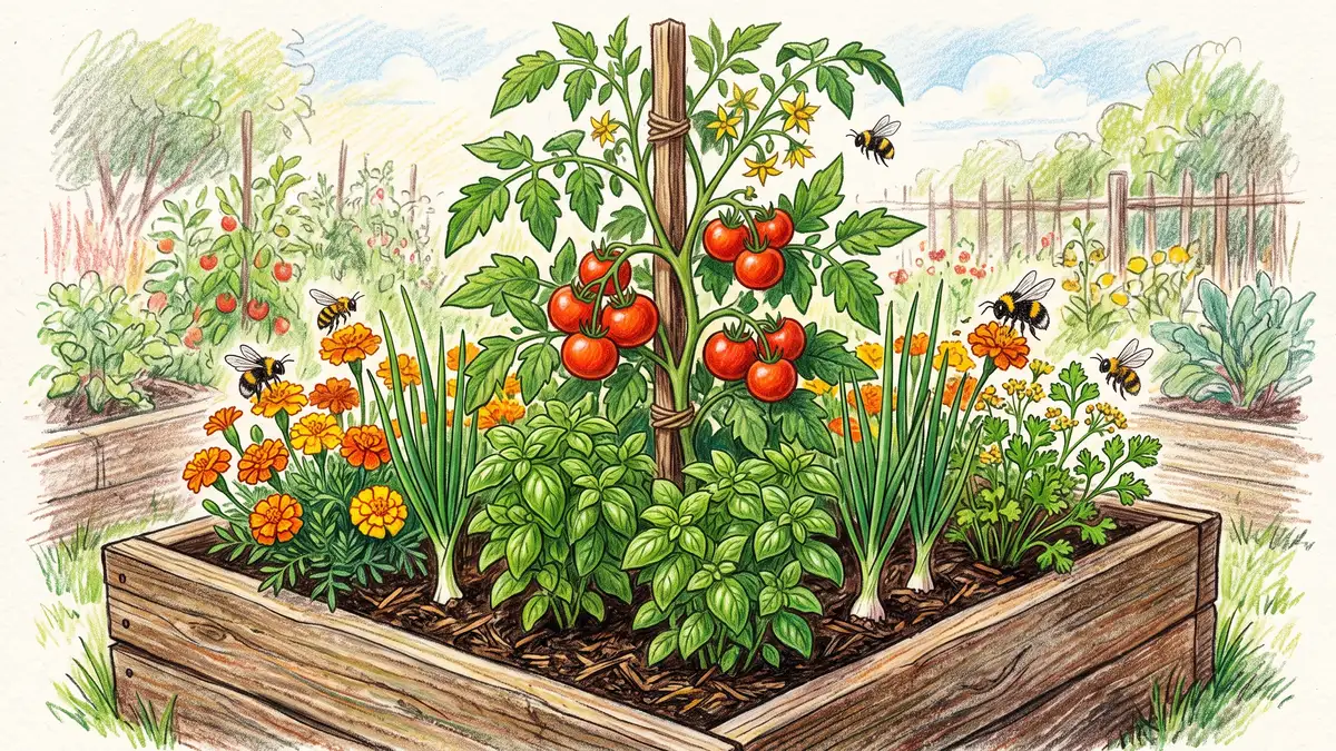Pencil-crayon raised bed corner with a staked tomato underplanted with basil and bordered by marigolds and green onions, showing a productive companion planting guild