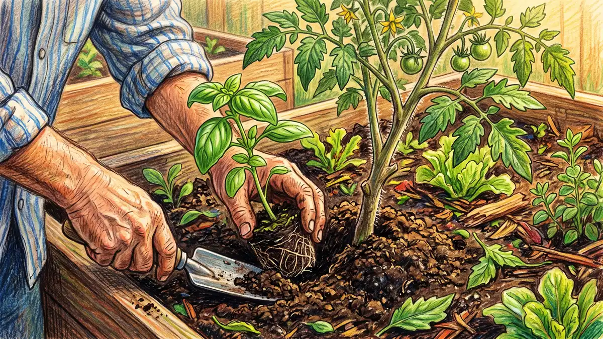 Pencil-crayon close-up of a gardener's hands tucking a young basil seedling into dark soil beside a tomato plant in a raised bed