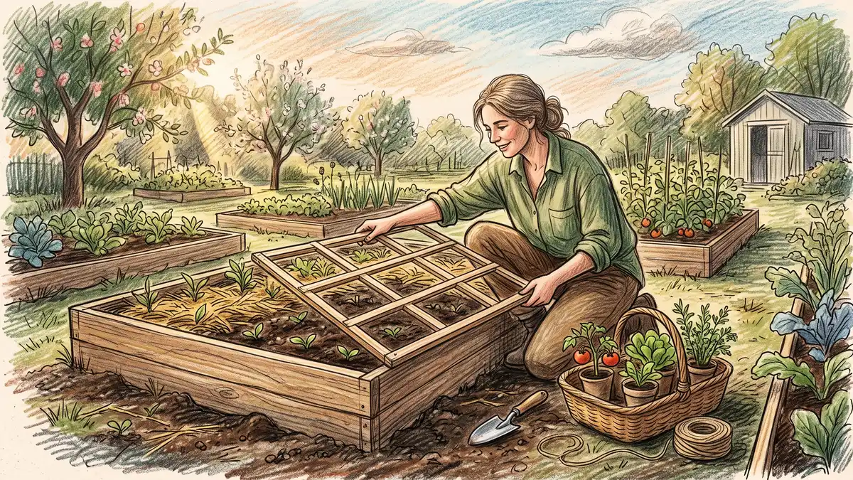 Pencil-crayon scene of a homesteader kneeling beside a wooden 4x8 raised bed holding a square-foot grid frame with a basket of vegetable seedlings