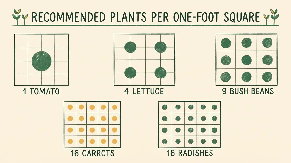Pencil-crayon infographic showing recommended plants per one-foot square: 1 tomato, 4 lettuce, 9 bush beans, 16 carrots, 16 radishes