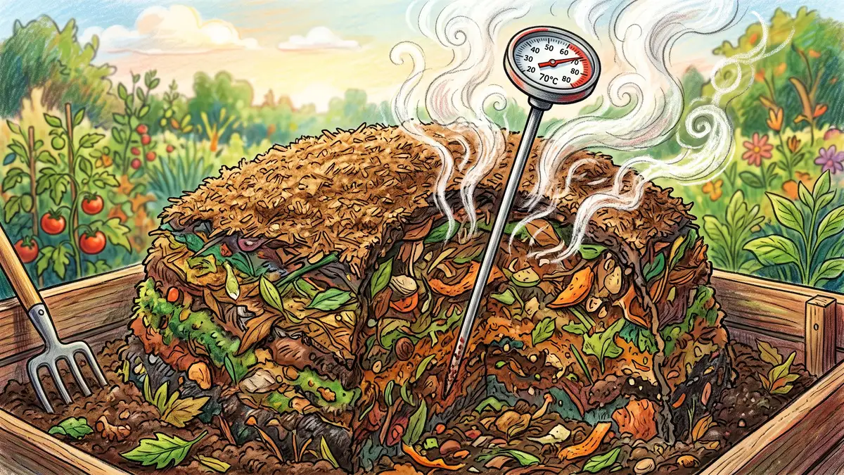 Pencil-crayon cutaway of a steaming hot compost pile with a thermometer probe reading a high temperature, showing layers of brown sawdust and organic material