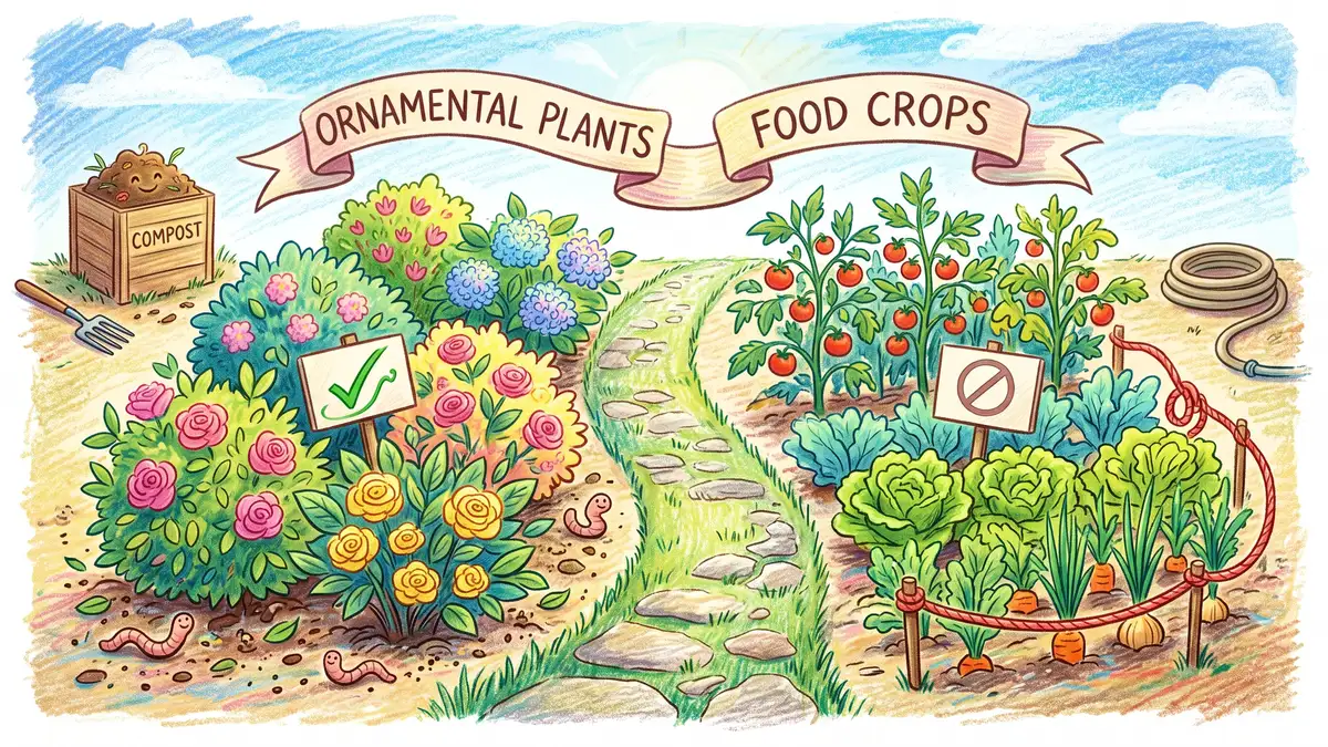 Pencil-crayon contrast between an ornamental flowerbed of roses and shrubs and a vegetable garden of tomatoes and lettuce, showing dog-waste compost goes only on ornamentals