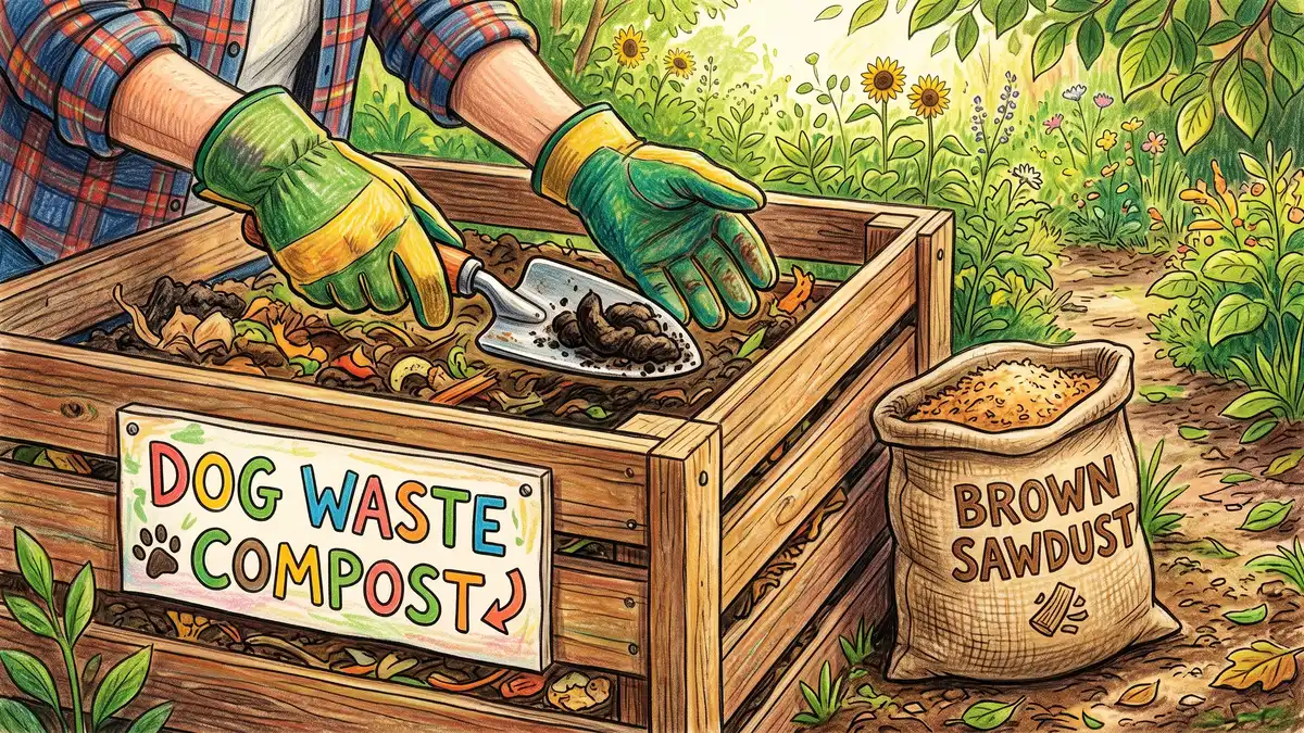 Pencil-crayon close-up of gloved hands scooping dog waste into a dedicated composting bin with a bag of brown sawdust nearby
