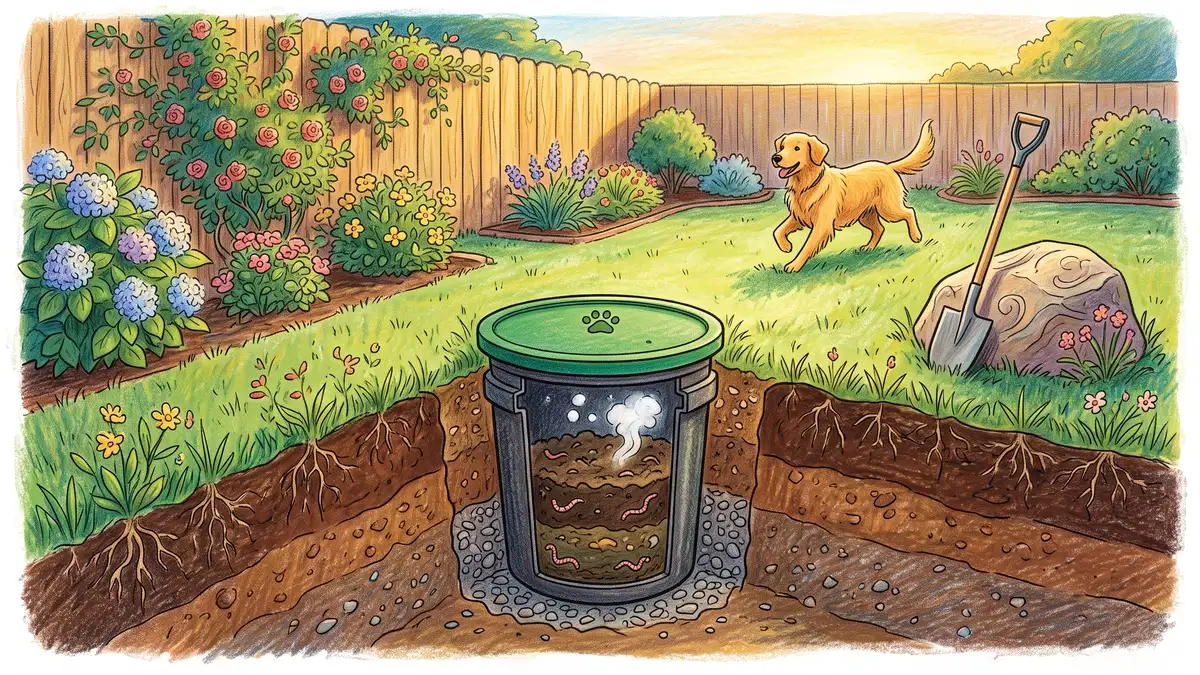 Pencil-crayon cutaway of an in-ground pet-waste digester installed in a backyard lawn corner with a green lid at ground level and a dog in the background