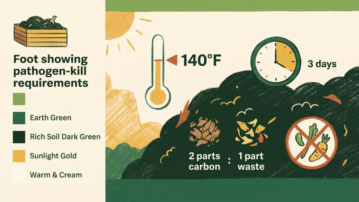 Pencil-crayon infographic showing dog waste composting requirements: 140 to 145 degrees for 3 or more days, a 2 parts carbon to 1 part waste recipe, and a crossed-out vegetable