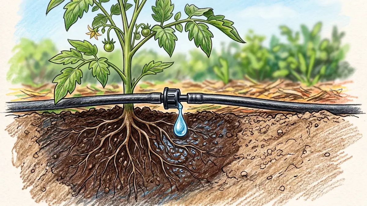 Pencil-crayon close-up cross-section of a single drip irrigation emitter releasing a slow drop at the base of a tomato plant, wetting only the root zone