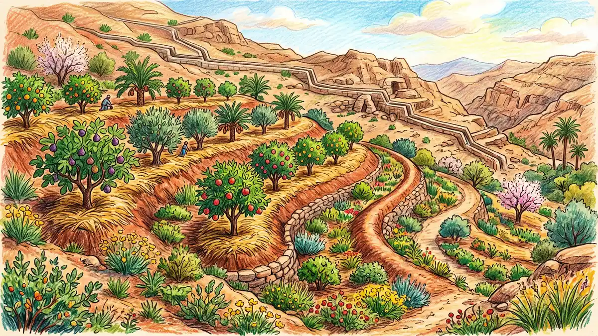 Pencil-crayon hillside desert garden with curved earthen swales on contour catching rainwater, planted with fruit trees and thick straw mulch, ancient stone channels behind