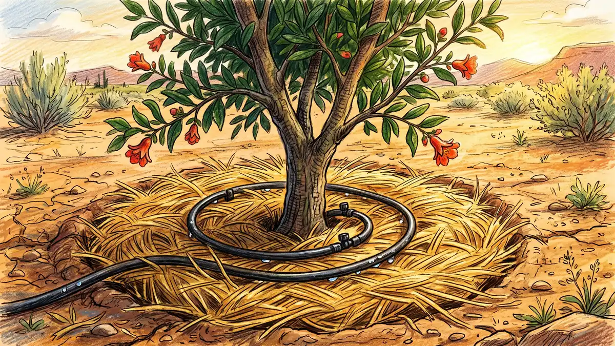 Pencil-crayon close-up of a young pomegranate tree in a mulched basin in dry soil with a drip line curled around the trunk and red flowers