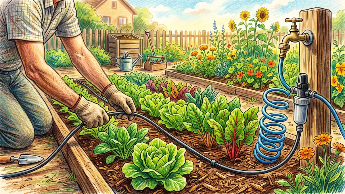 Pencil-crayon of a gardener's hands laying thin drip tubing along a row of leafy greens with a pressure regulator and filter at the garden faucet