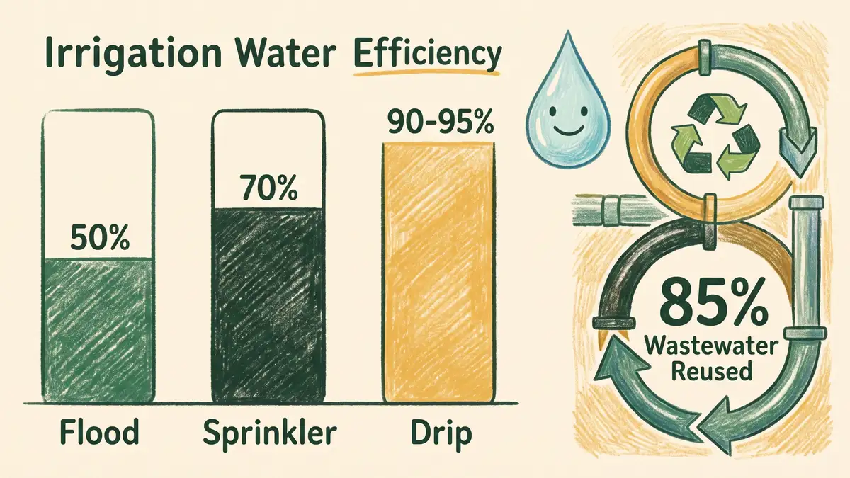 Pencil-crayon infographic comparing irrigation efficiency: drip 90 to 95 percent, sprinkler 70 percent, flood 50 percent, plus 90 percent wastewater reuse