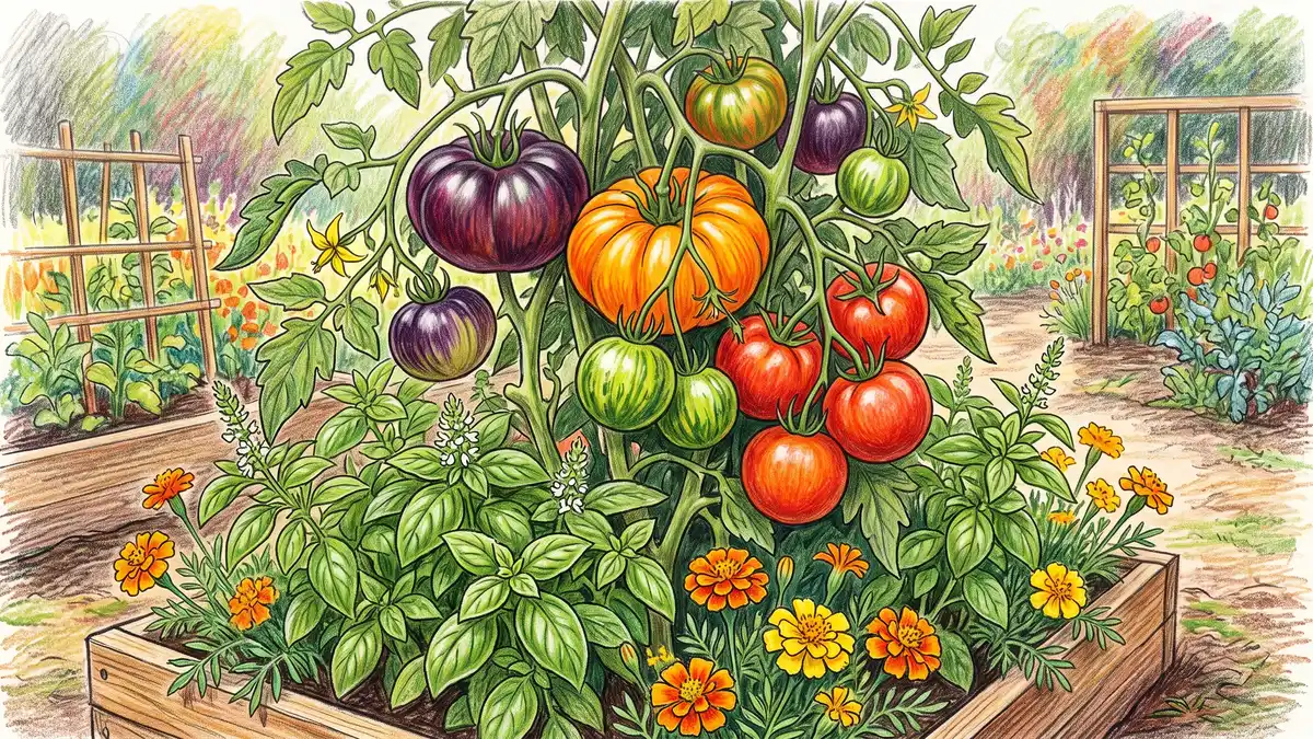 Pencil-crayon cluster of ripe heirloom tomatoes in purple, orange, green-striped, and red on the vine with basil and marigolds at their base
