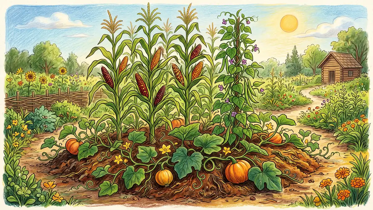 Pencil-crayon traditional Three Sisters mound with tall heirloom flint corn, climbing pole beans on the stalks, and broad squash leaves spreading below