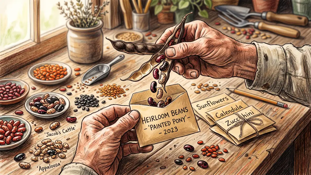 Pencil-crayon close-up of a gardener's hands saving seeds from a dried heirloom bean pod into a small labeled paper envelope with colorful dried beans nearby