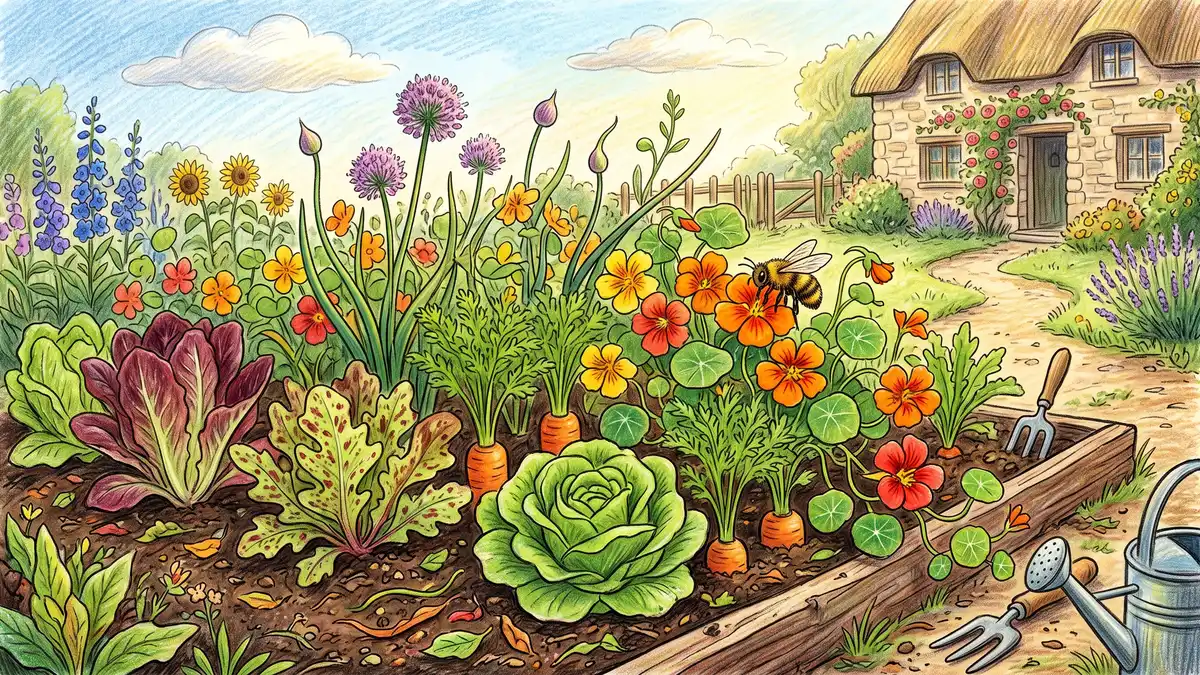 Pencil-crayon row of heirloom lettuces and carrots interplanted with flowering nasturtiums and alliums, a bee visiting the flowers