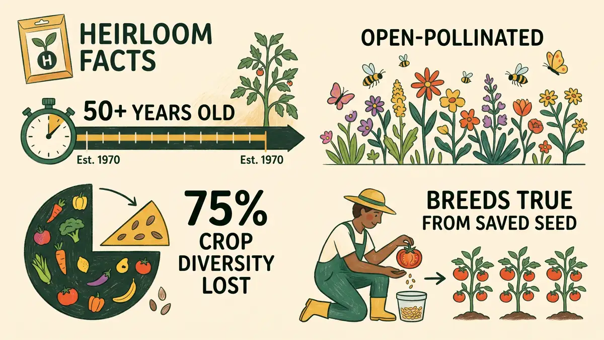Pencil-crayon infographic of heirloom facts: 50-plus years old, open-pollinated, 75 percent crop diversity lost, breeds true from saved seed