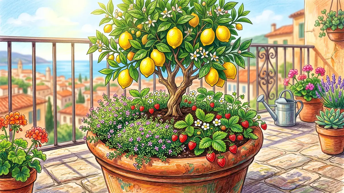Pencil-crayon dwarf Meyer lemon tree in a large terracotta balcony pot underplanted with creeping thyme and strawberries, a miniature container guild