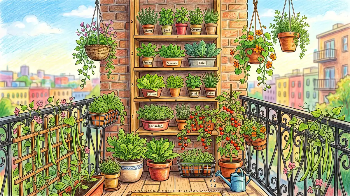Pencil-crayon vertical balcony garden with tiered shelves and hanging baskets of herbs, greens, and trailing cherry tomatoes, and a bean trellis on the railing