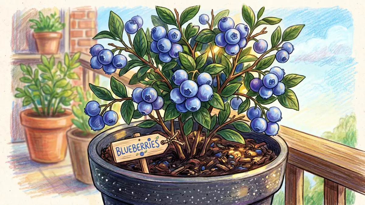Pencil-crayon cluster of ripe blueberries on a compact bush growing in a dark container of acidic soil on a balcony
