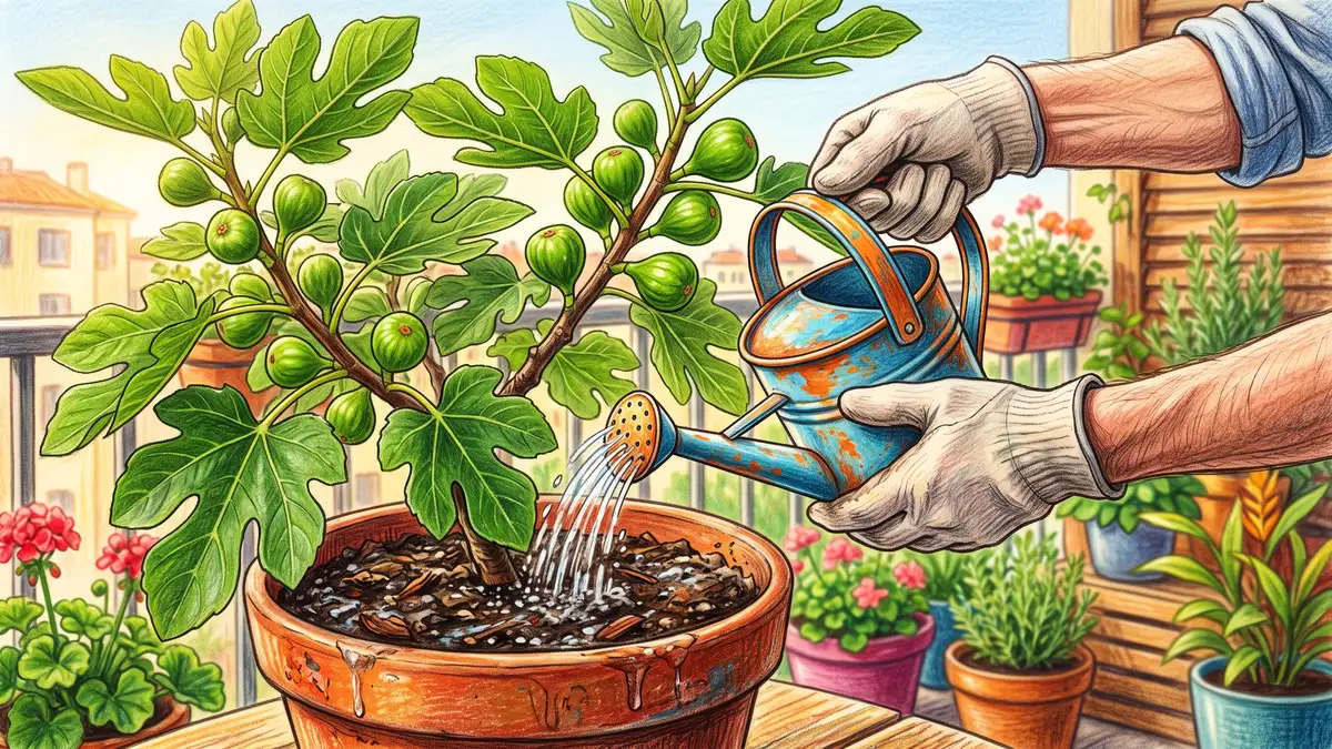 Pencil-crayon close-up of a gardener's hands watering a potted dwarf fig tree on a balcony with a watering can, small figs forming