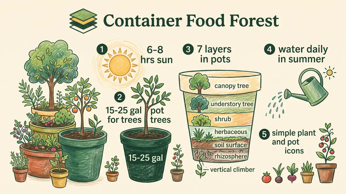 Pencil-crayon infographic of a container food forest: 6 to 8 hours sun, 15 to 25 gallon pots for trees, 7 layers in pots, water daily in summer