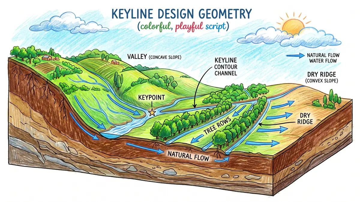 Pencil-crayon cross-section of a hillside showing keyline geometry: the keypoint, tree rows and water channels running off-contour to move water from valley to ridge