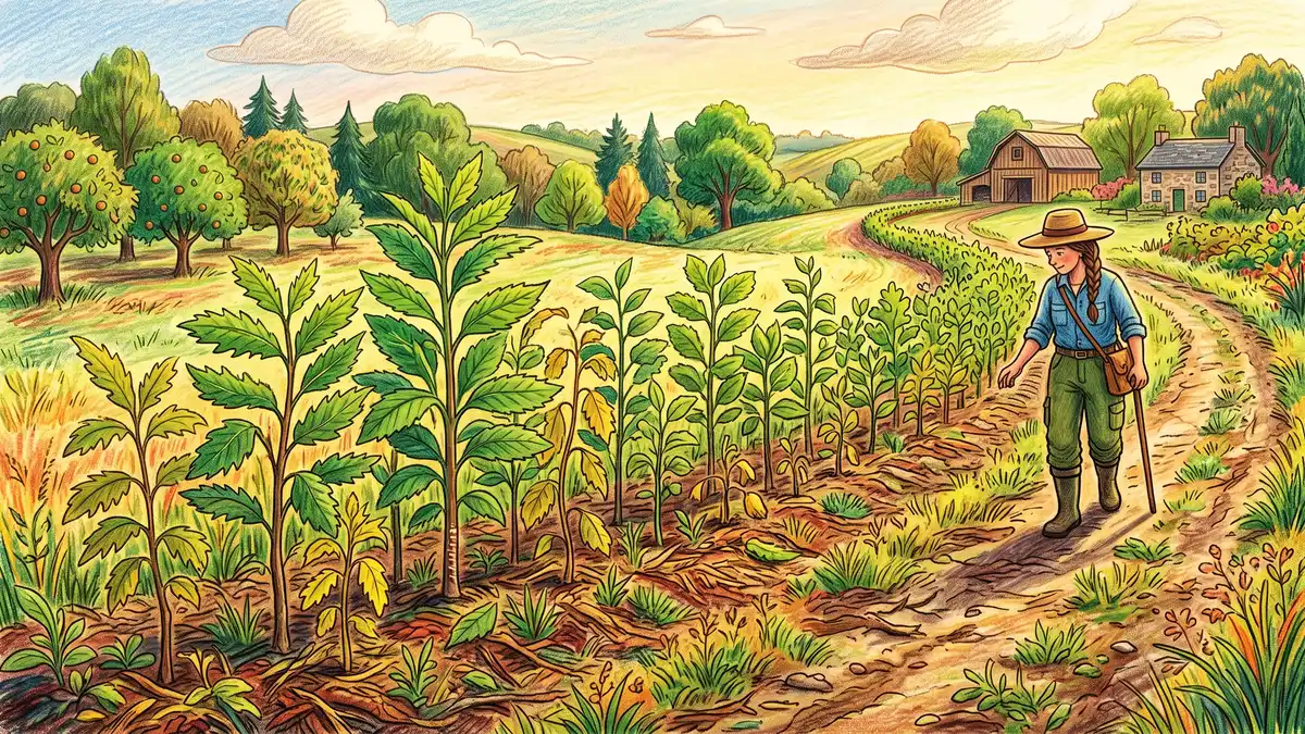 Pencil-crayon row of young chestnut and hazelnut seedlings of varying health in a field with a farmer walking, illustrating plant-many-keep-the-toughest selection